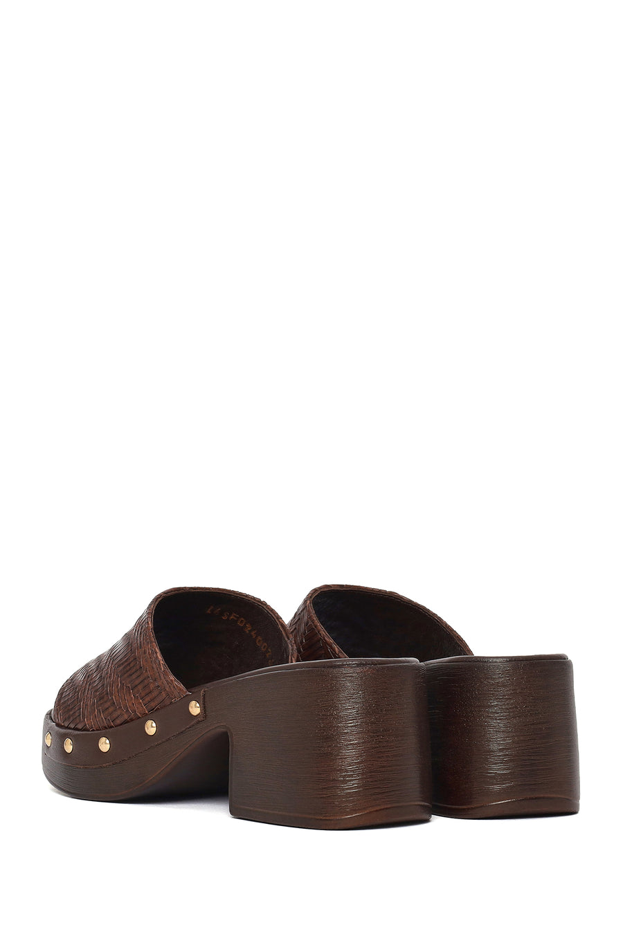 Women's Brown Patterned Short Chunky Heel Leather Slippers