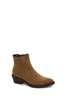 Woman Tan Short Thick-Heeled Embroidered Suede Cowboy Boots | Derimod