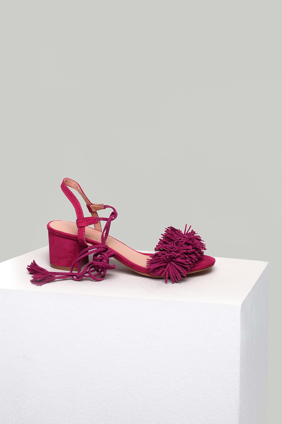 Pink Women's Heeled Sandals with Ankle Strap and Tassels