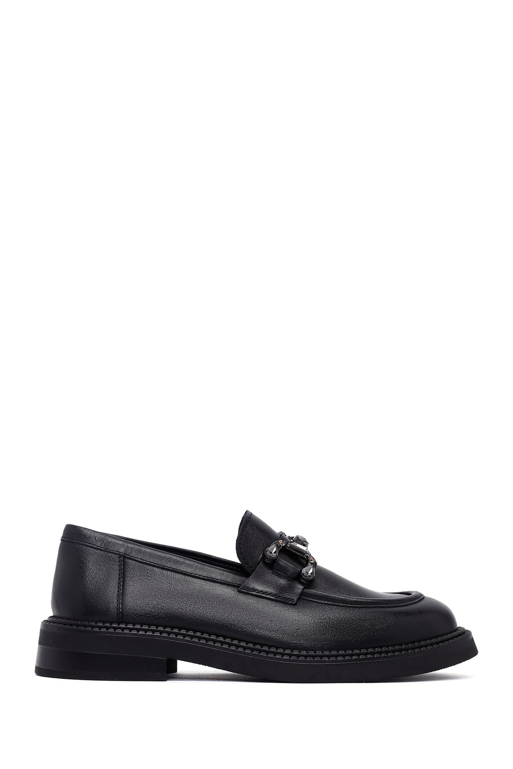 Kadın Siyah Tokalı Deri Maskülen Loafer