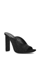 Women's Black Thick High Heeled Stoned Leather Slippers | Derimod
