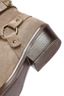 Woman Beige Zippered Suede Leather Cowboy Boots | Derimod