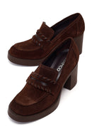 Woman Brown Chunky Heeled Suede Loafer | Derimod