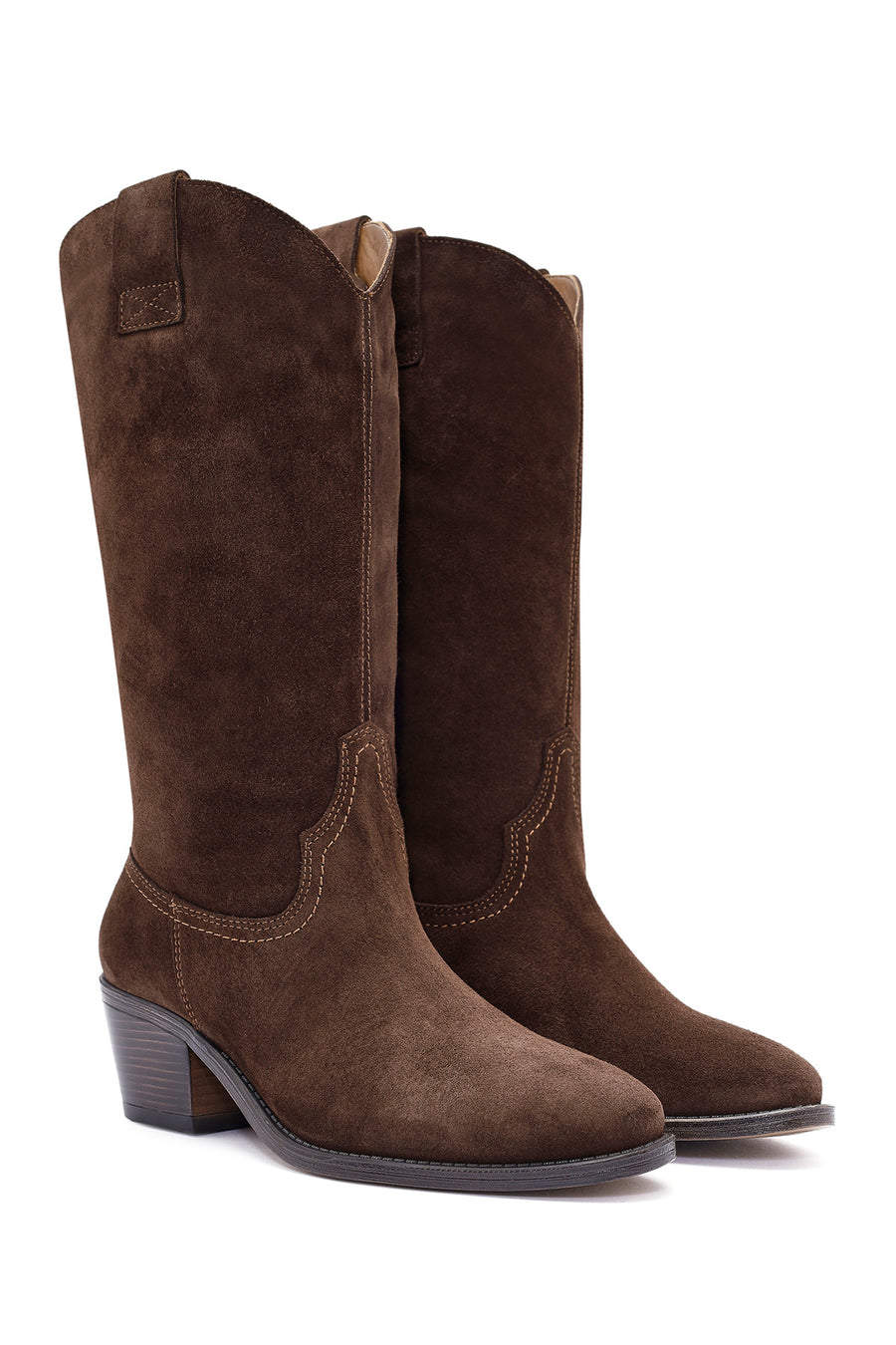 Women's Brown Chunky Heel Suede Leather Cowboy Boots