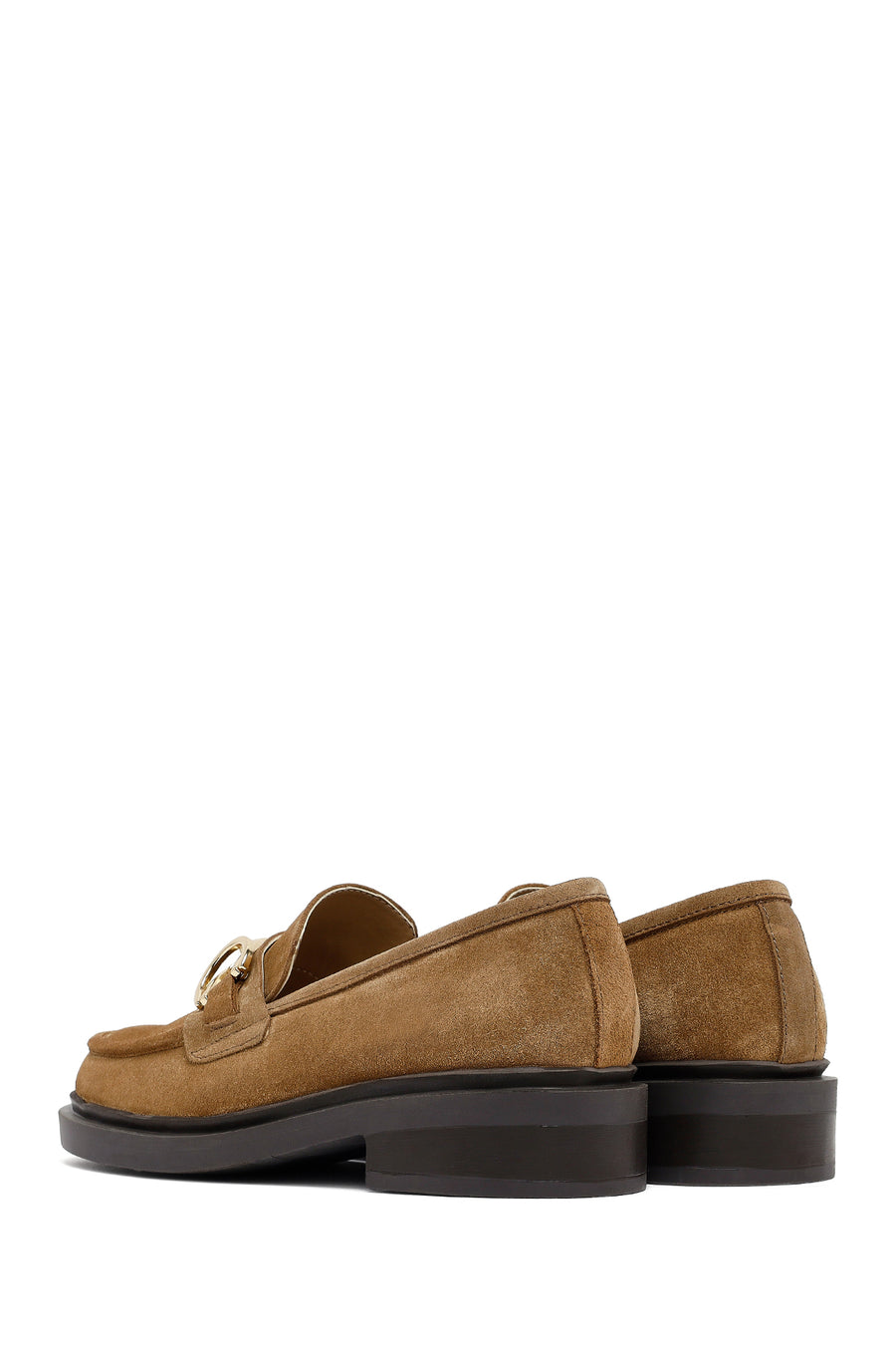 Woman Tan Buckled Suede Leather Masculine Loafer
