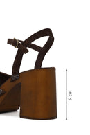 Woman Brown Ankle Buckled Chunky Heeled Suede Sandal | Derimod