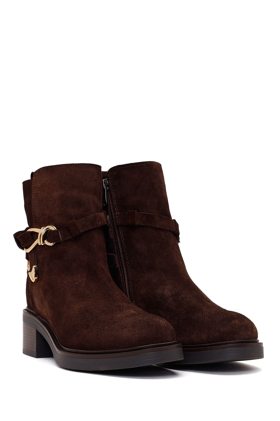 Kadın Kahverengi Fermuarlı Kalın Topuklu Süet Deri Bot Casual Bot
