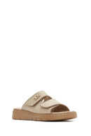 Women's Beige Double-Strap Leather Comfort Slippers | Derimod