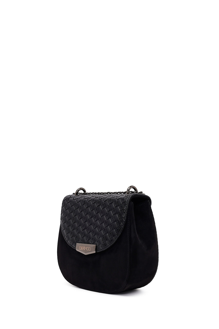 Woman Black Chain Long-Strap Braided Crossbody Bag