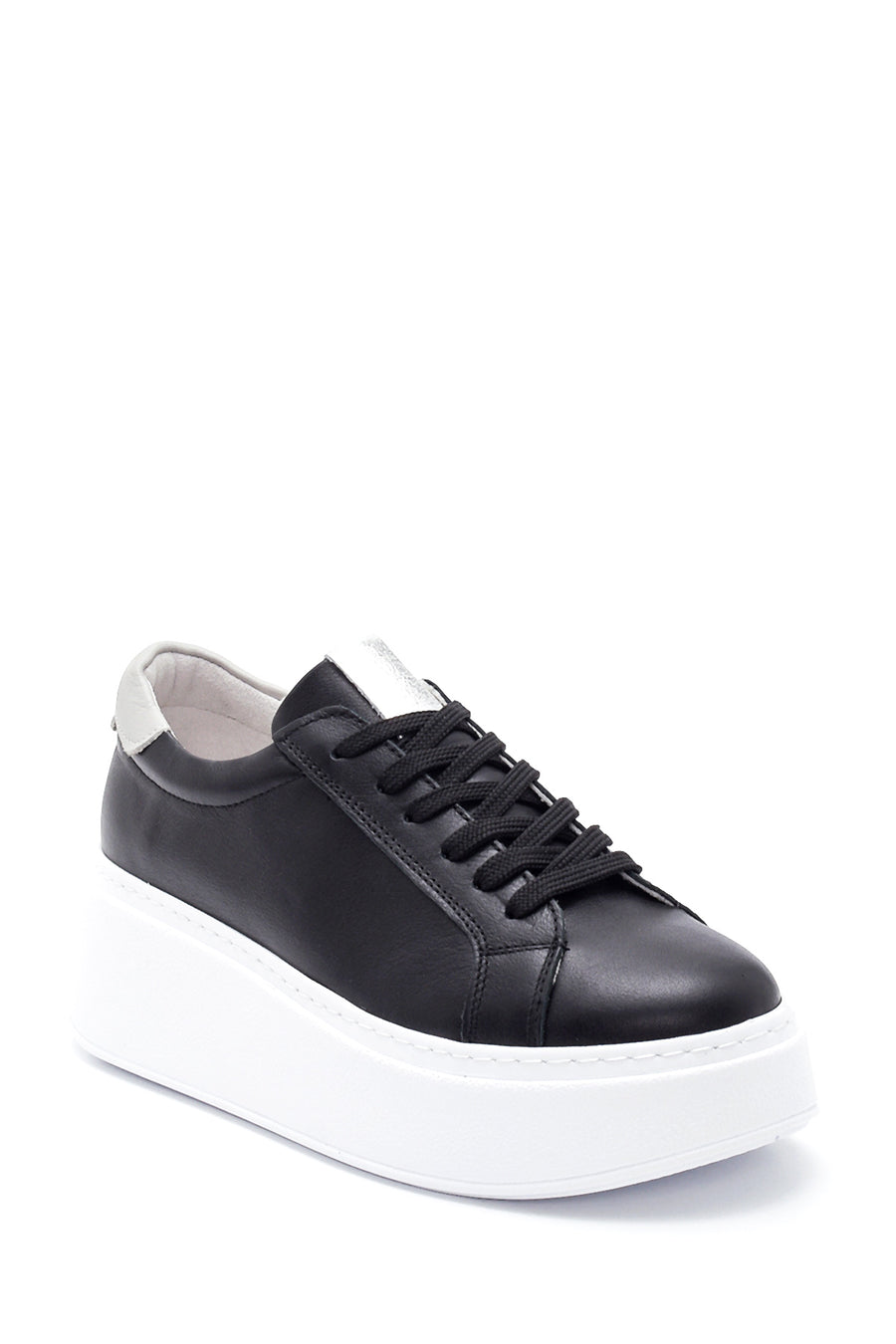 Women's Black Leather Thick Soled Sneaker