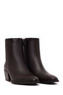 Woman Brown Zip Closure Short Thick-Heeled Leather Cowboy Boots | Derimod