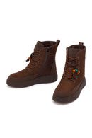 Woman Brown Zip Closure Thick-Soled Charmed Fabric Combat Boots | Derimod
