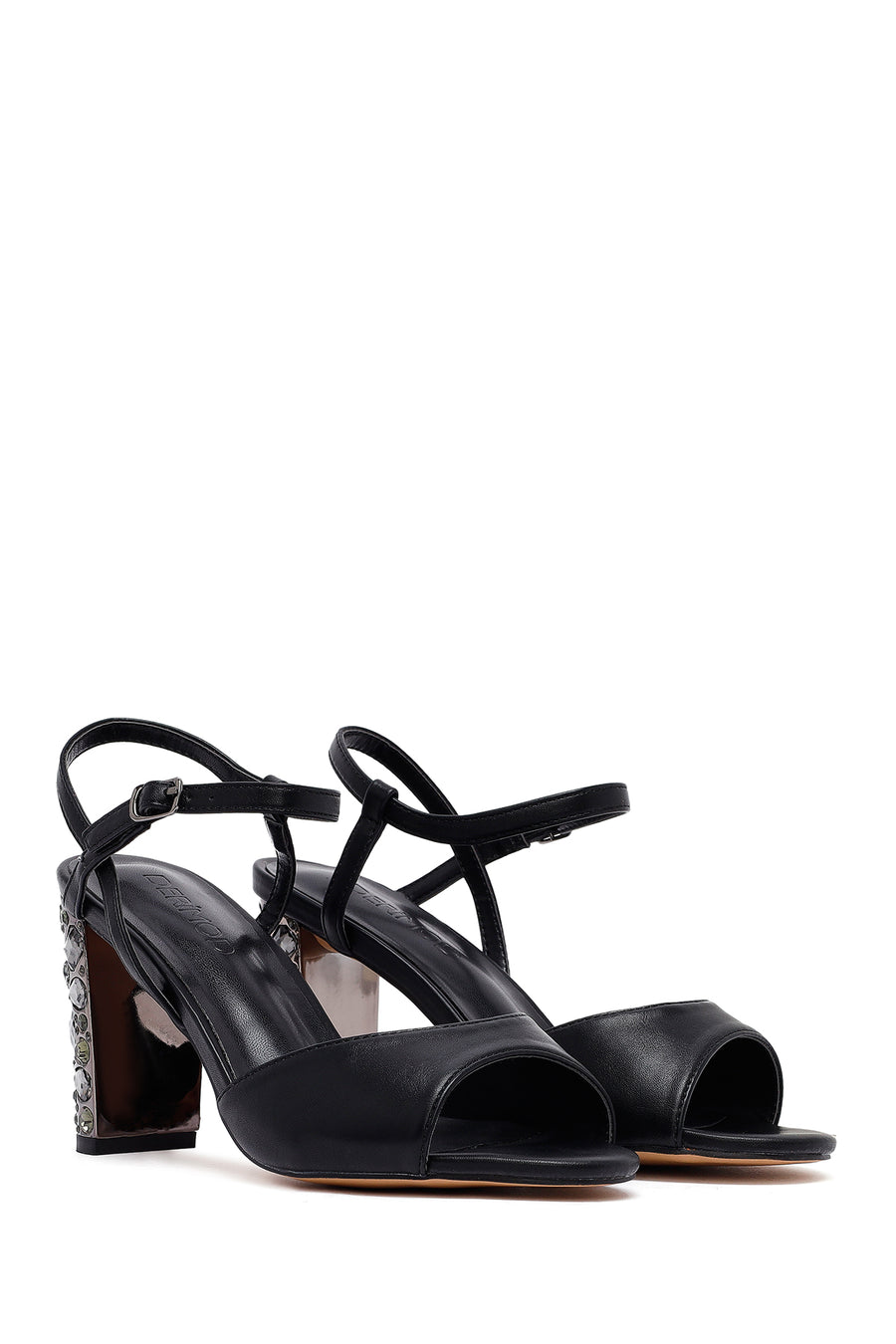Women's Black Metallic Ankle Buckle Chunky Heel Sandals