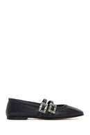 Women's Black Double Buckled Stoned Leather Ballerinas | Derimod