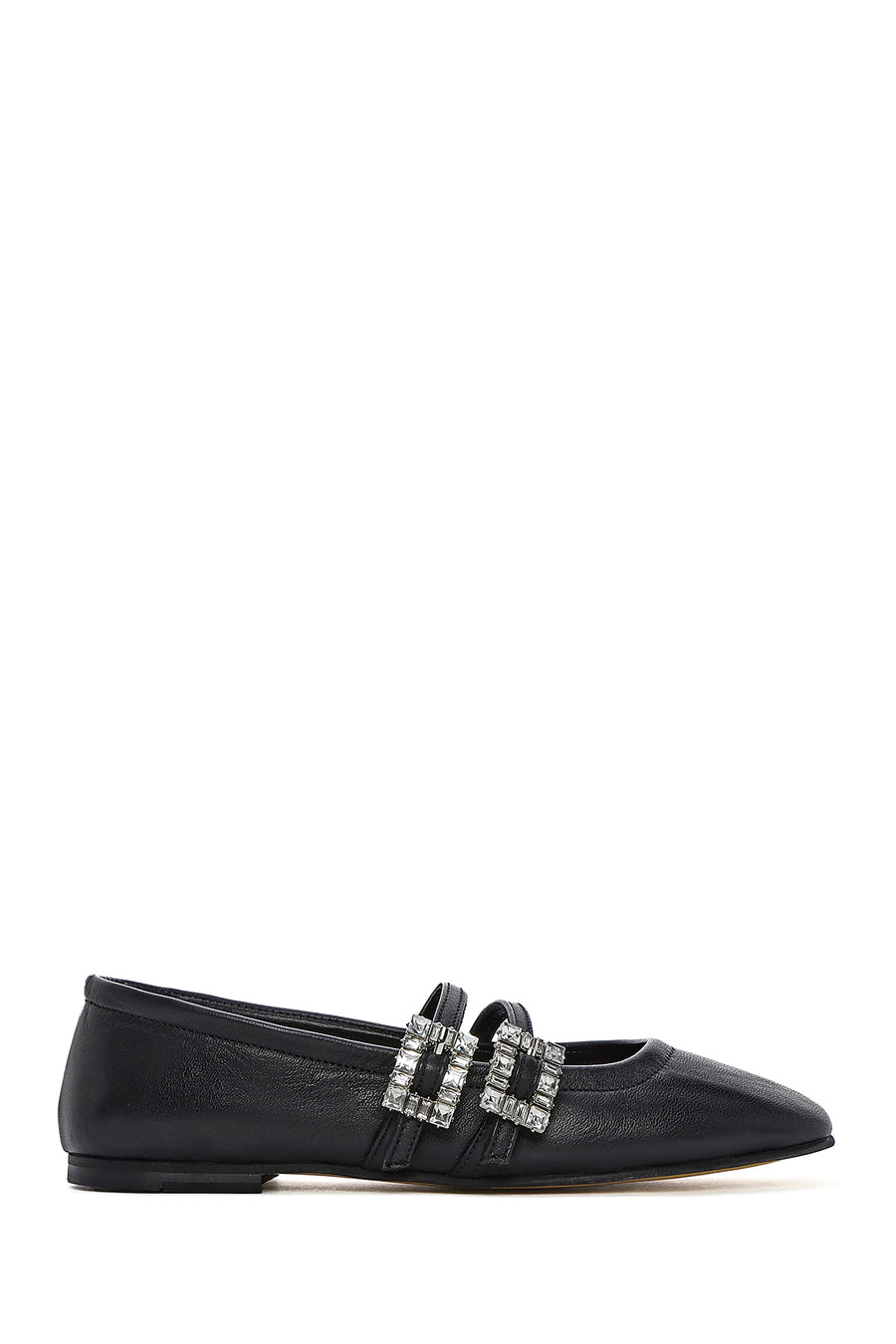 Women's Black Double Buckled Stoned Leather Ballerinas 25SFD380118 | Derimod