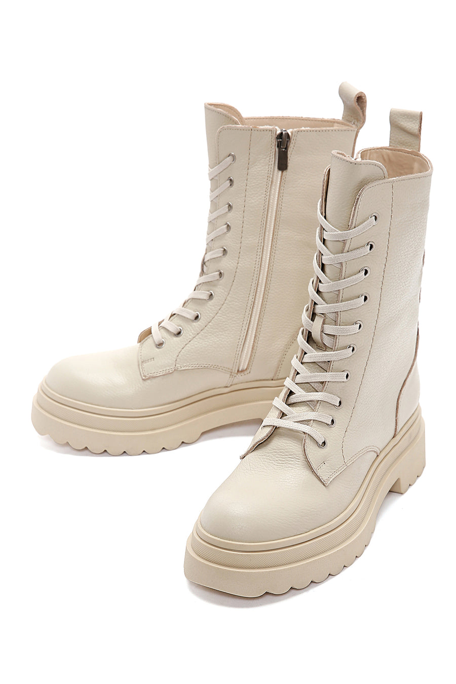 Women's Cream Zippered Leather Combat Boots