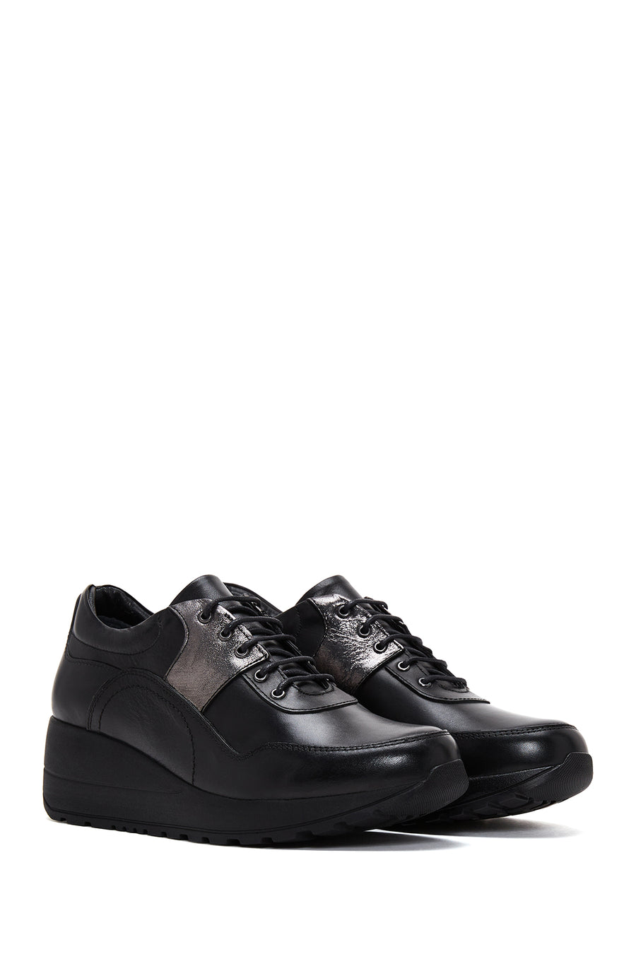 Women's Black Leather Wedge Heeled Shoes