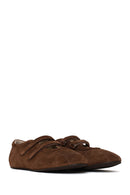 Woman Brown Double-Strap Suede Leather Ballet Flat | Derimod