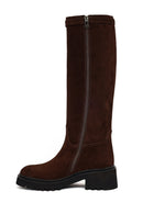 Women's Brown Zip-Up Chunky Sole Suede Leather Boots | Derimod