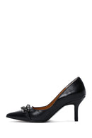 Women's Black Leather Stone Heeled Shoes | Derimod