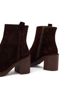 Woman Brown Zip Closure Chunky Heeled Suede Boots | Derimod