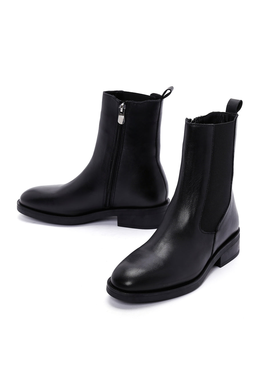 Women's Black Leather Zippered Chelsea Boots