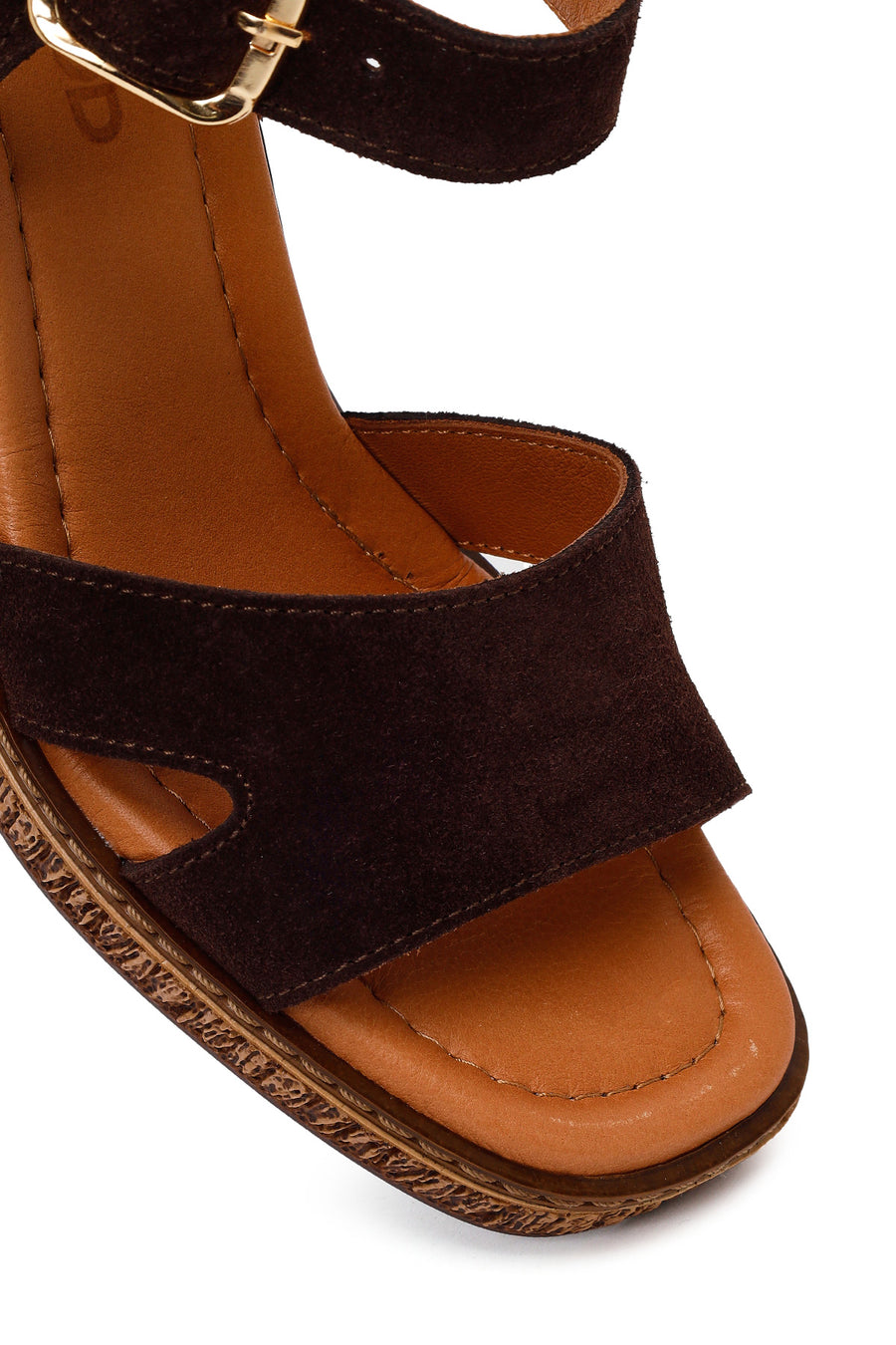 Woman Brown Ankle-Buckle Chunky-Heel Suede Leather Sandals