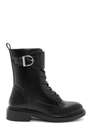 Women's Black Zipper Lace-Up Combat Boots | Derimod