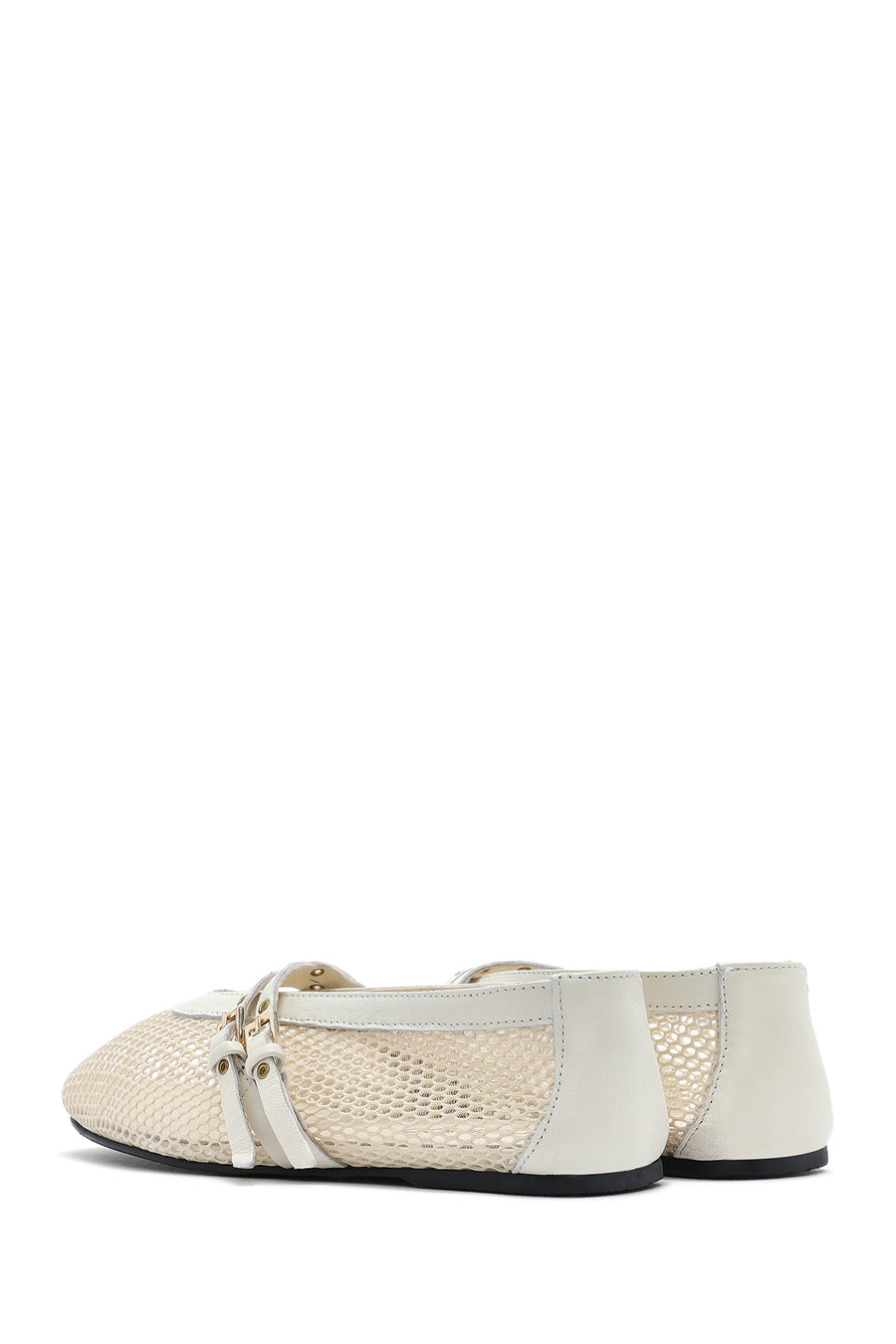 Women's Beige Buckled Mesh Fabric Ballerinas