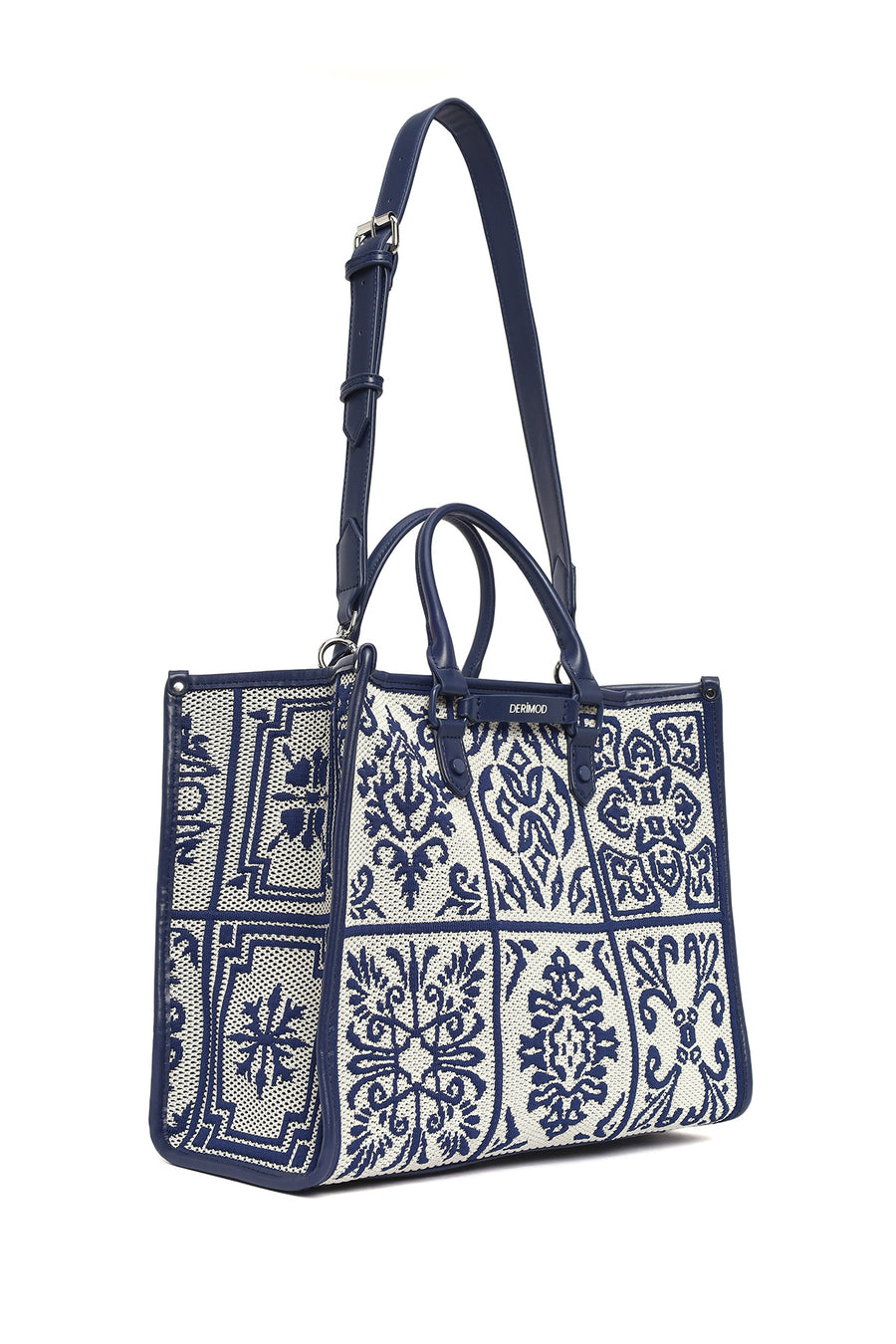 Woman Navy Patterned Fabric Long-Strap Shoulder Bag