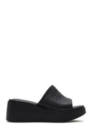 Women's Black Thick-Soled Printed Leather Comfort Slippers | Derimod