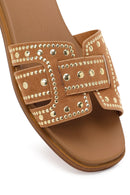 Women's Camel Studded Suede Slippers | Derimod