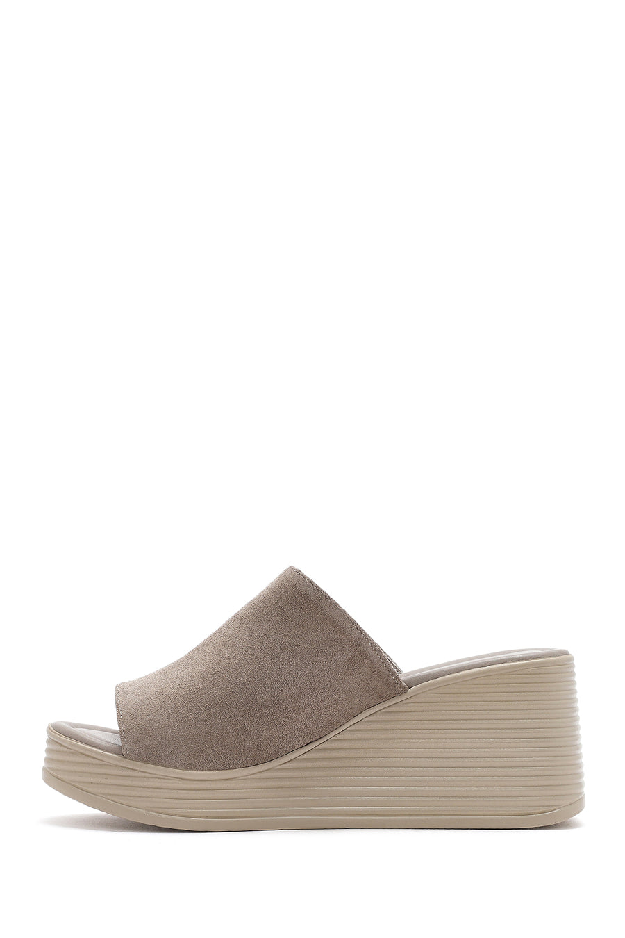 Women's Gray Wedge Heeled Suede Leather Slippers