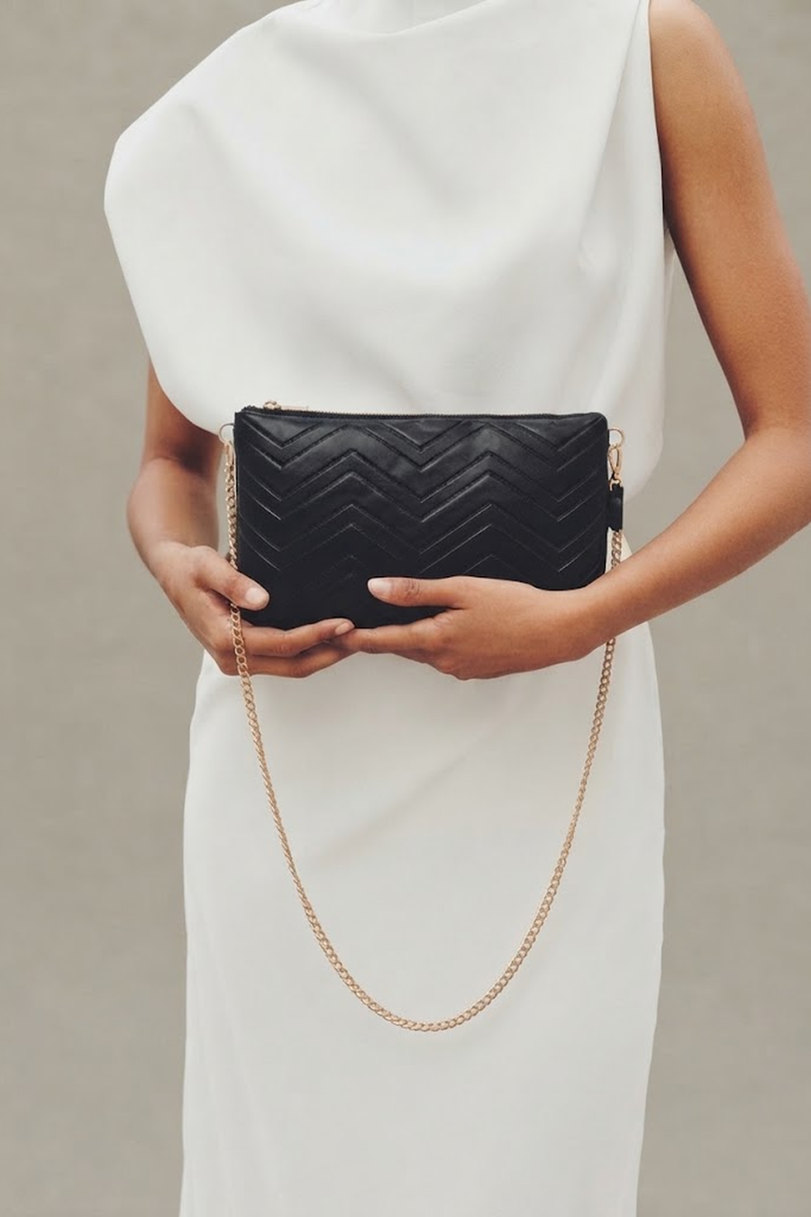 Woman Black Long Chain Strap Quilted Clutch Bag