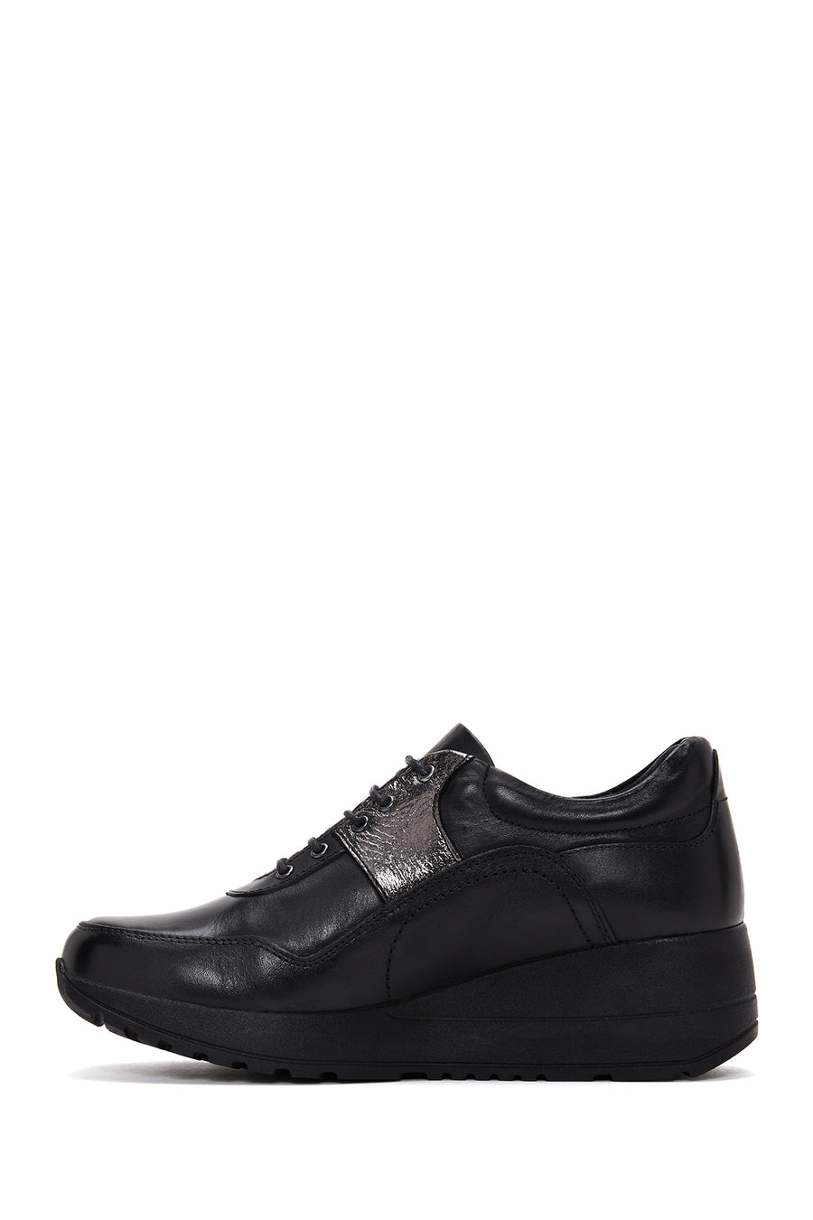 Women's Black Leather Wedge Heeled Shoes