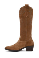 Woman Tan Fringed Chunky-Heeled Suede Cowboy Boots | Derimod