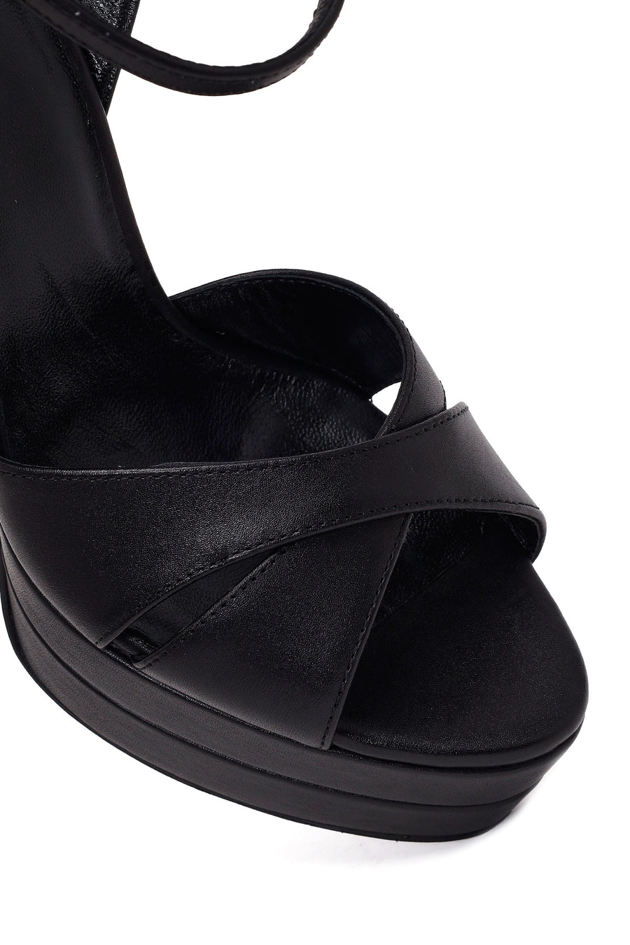 Woman Black Ankle-Strap Buckled Platform High Thick-Heel Leather Sandal