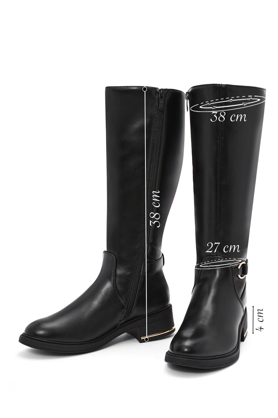 Woman Black Zip Closure Buckle Detailed Boots