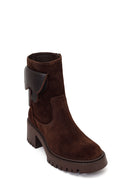 Woman Brown Zip Closure Chunky-Heeled Suede Leather Boots | Derimod