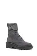 Geox Women's Gray Felleny Lace-Up Zipper Detailed Leather Combat Boots | Derimod