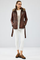 Rebecca Women's Brown Hooded Furry Leather Jacket | Derimod