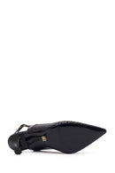 Women's Black Ankle Buckle Printed Thin Heel Open Back Leather Shoes | Derimod
