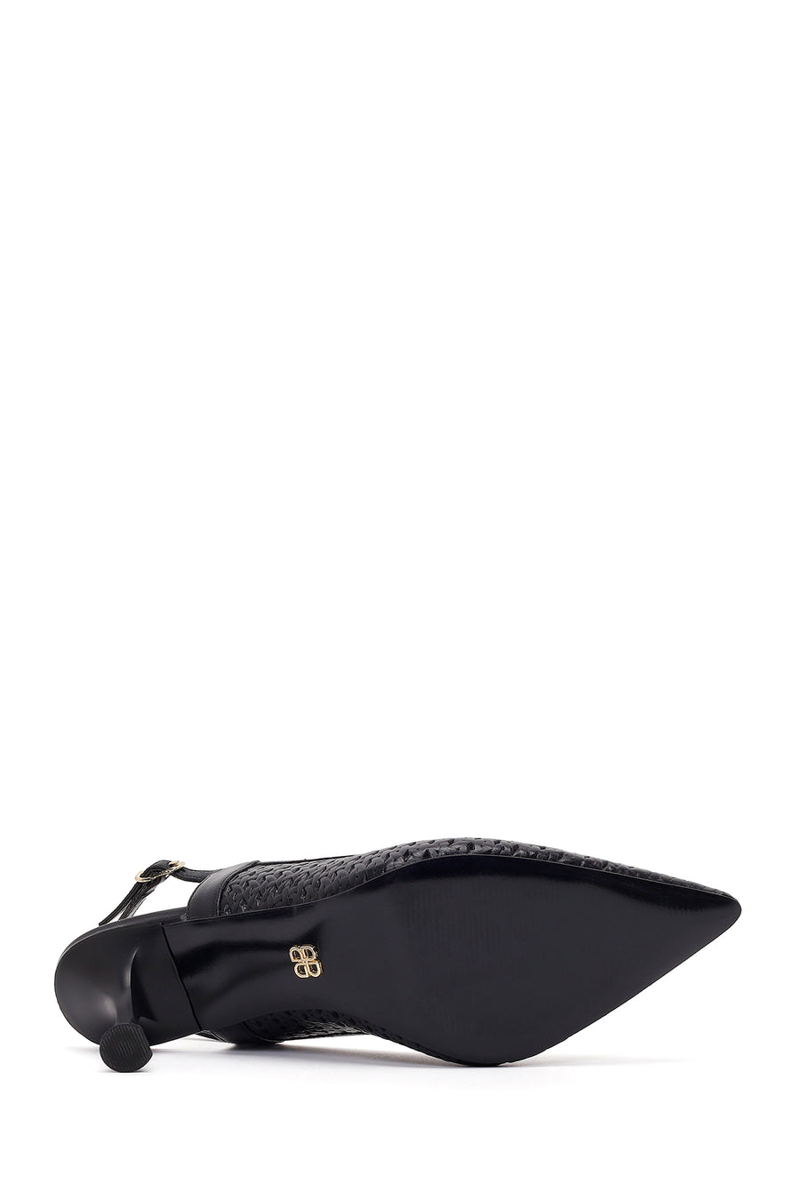 Women's Black Ankle Buckle Printed Thin Heel Open Back Leather Shoes