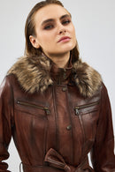 Rebecca Women's Brown Hooded Furry Leather Jacket | Derimod
