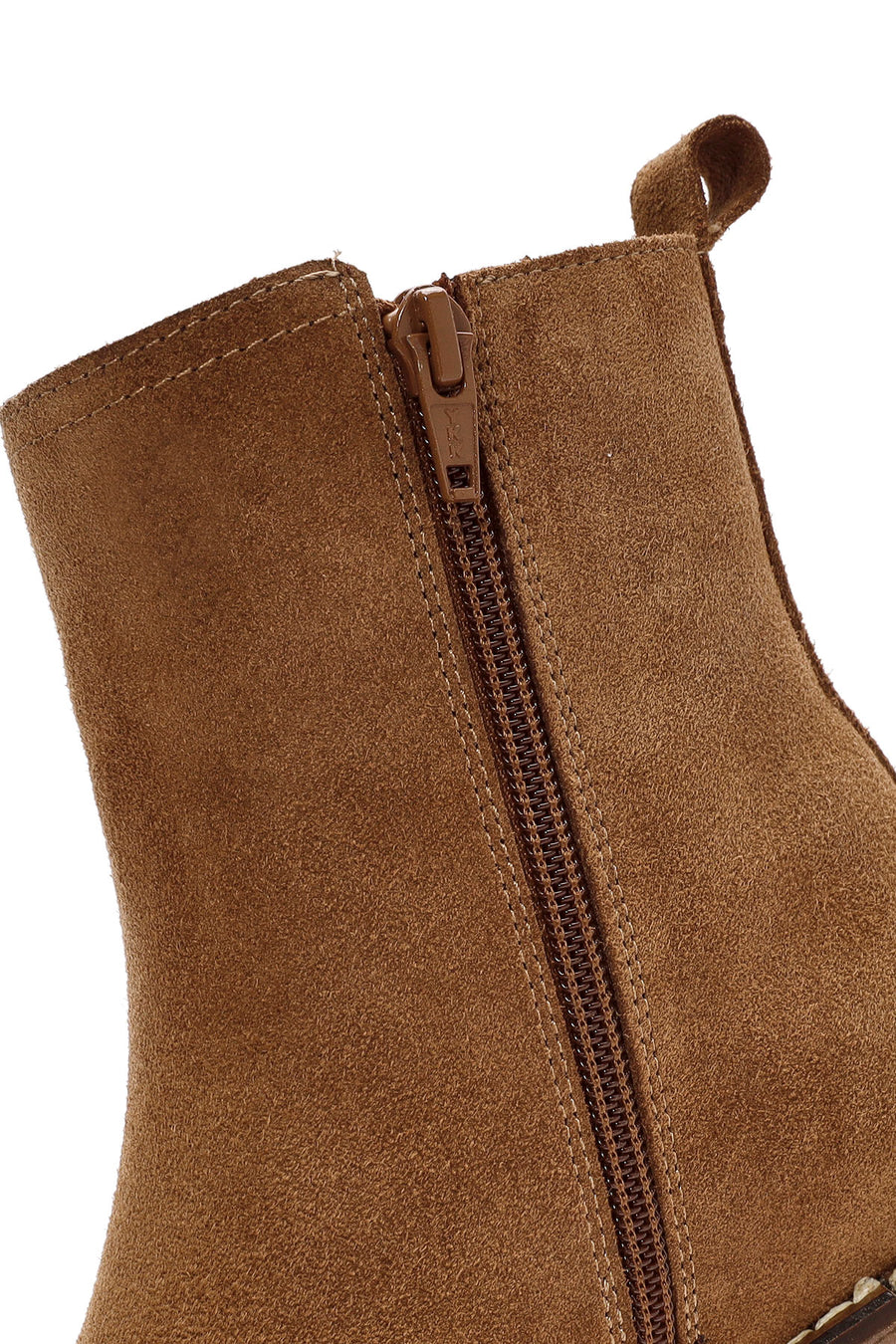 Woman Brown Zippered Chunky Heel Suede Leather Boat