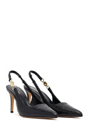 Woman Black Buckled Open Back Patterned Thin Heel Leather Shoe | Derimod