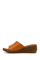 Woman Tan Wedge Heel Leather Comfort Slipper | Derimod