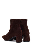 Woman Brown Zip Closure Chunky-Heeled Suede Leather Boots | Derimod