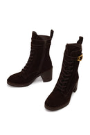 Woman Brown Zip Closure Chunky Heeled Suede Combat Boots | Derimod