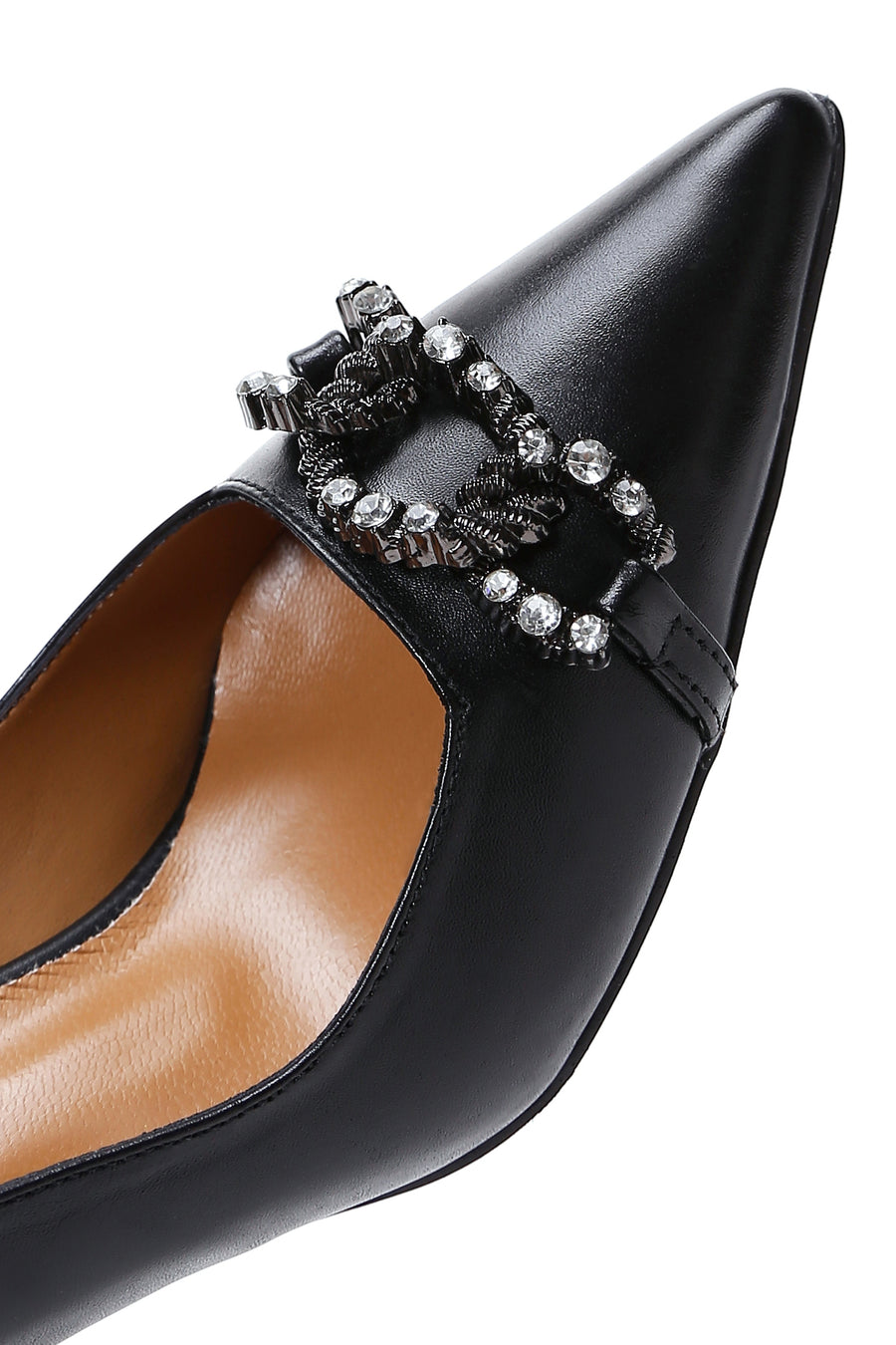 Women's Black Leather Stone Heeled Shoes